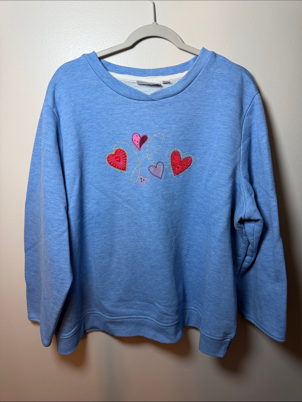 Studio Works Blue Embroidered Red & Pink Heart V Neck Pullover 3XL